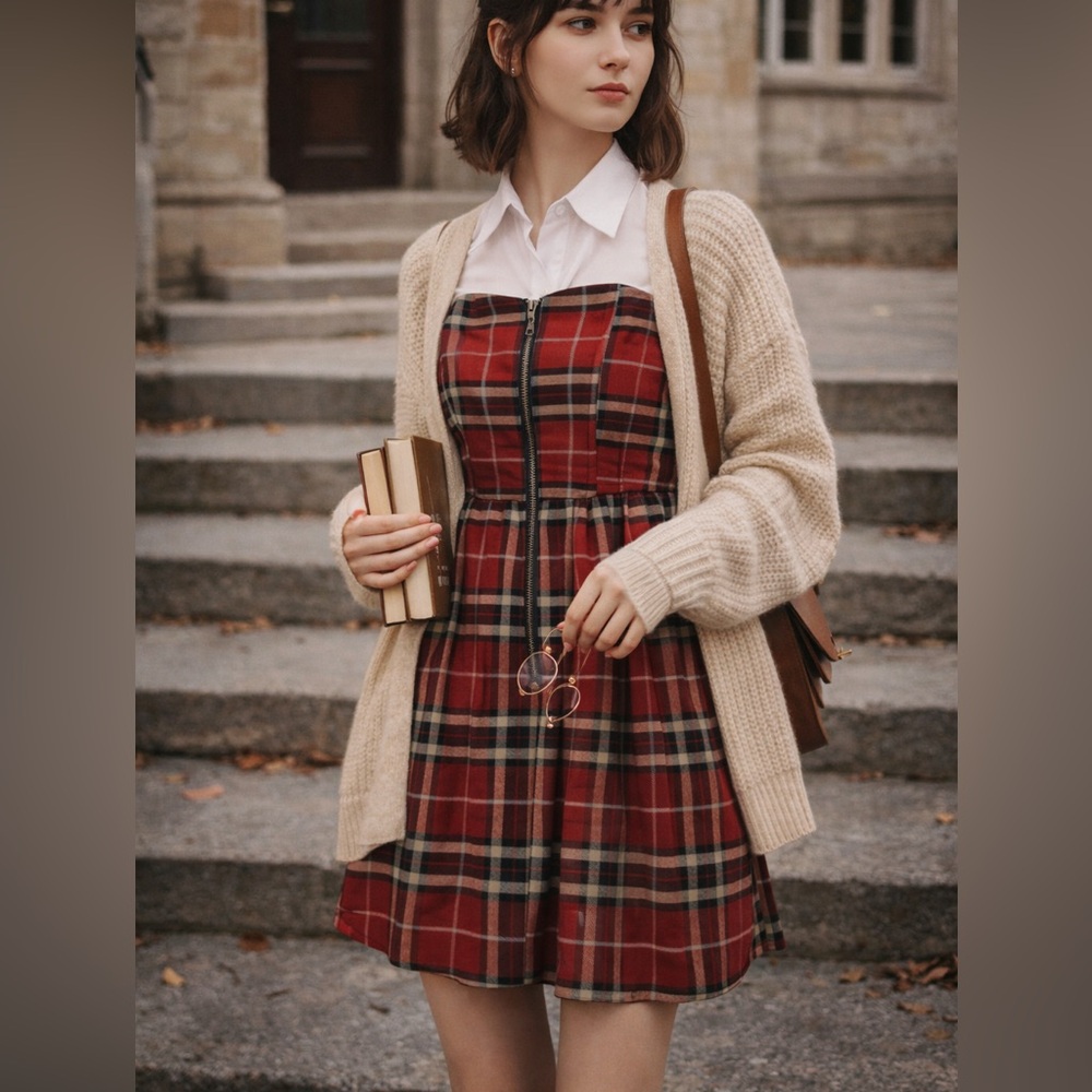 Charlotte Russe Red Plaid Strapless Dress Small Cottagecore Academia Preppy - Picture 1 of 10